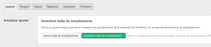 desactivar actualizaciones de WordPress con plugin